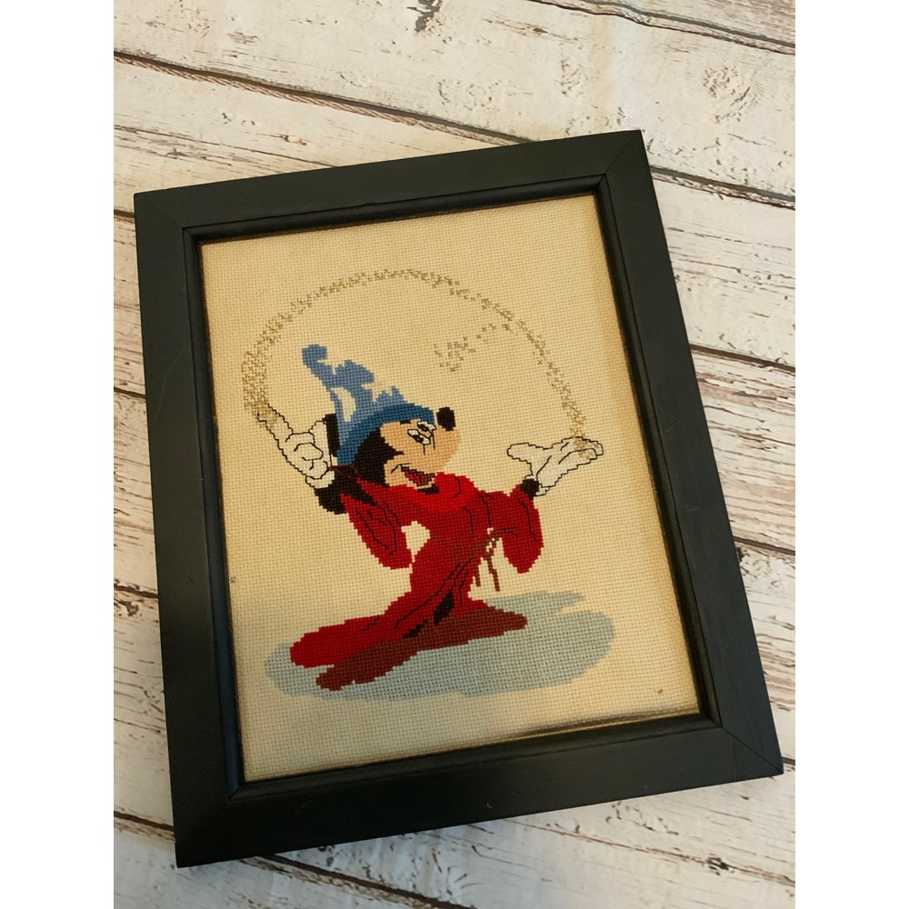 VTG 80s Disney Sorcerer Mickey Mouse Fantasia Framed Cross Stitch Needlepoint